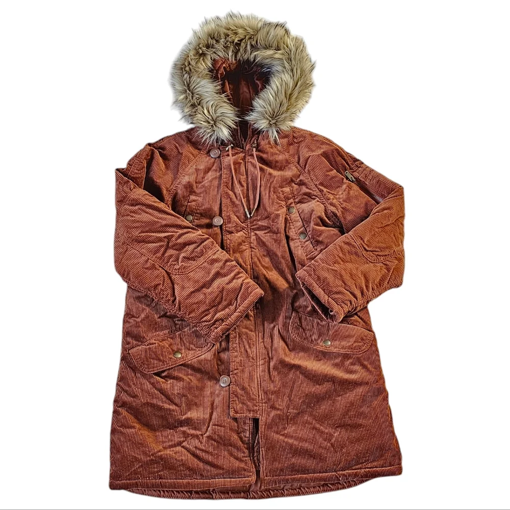 American Eagle Parka Brown Corduroy Puffer Winter Jacket - Picture 5 of 15